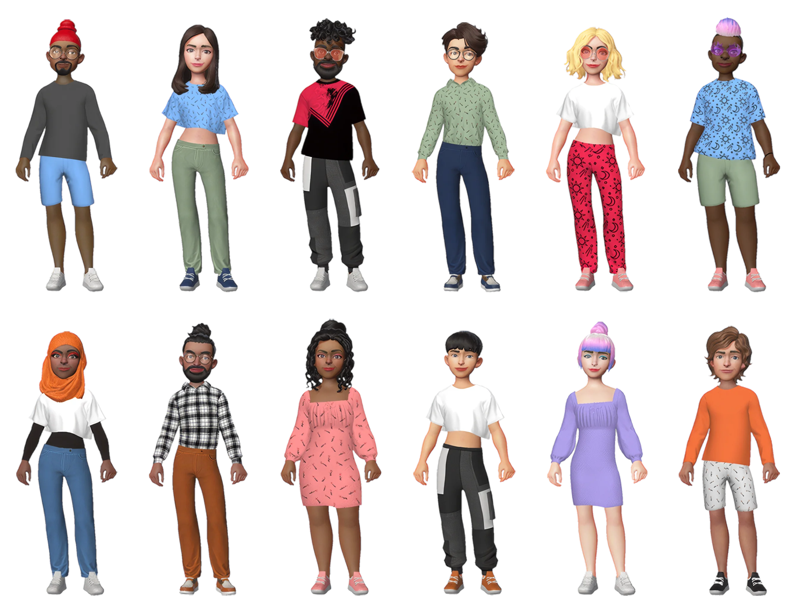 Full-body avatar lineup with outfits and accessories